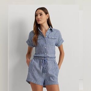NWT Lauren Ralph Lauren Navy Striped Linen Romper Size 12